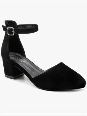 Girls Ankle Strap Low Block Heel Pumps - Black